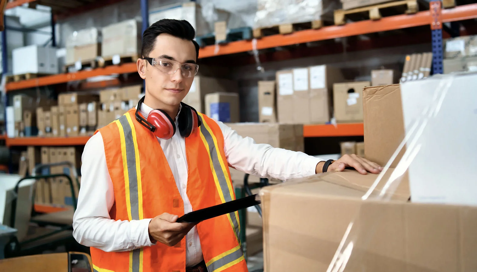 Un trabajador mueve mercancía en un centro de almacenaje logístico